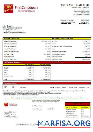 Printable Grenada CBIC bank bank mortgage statement scr real example